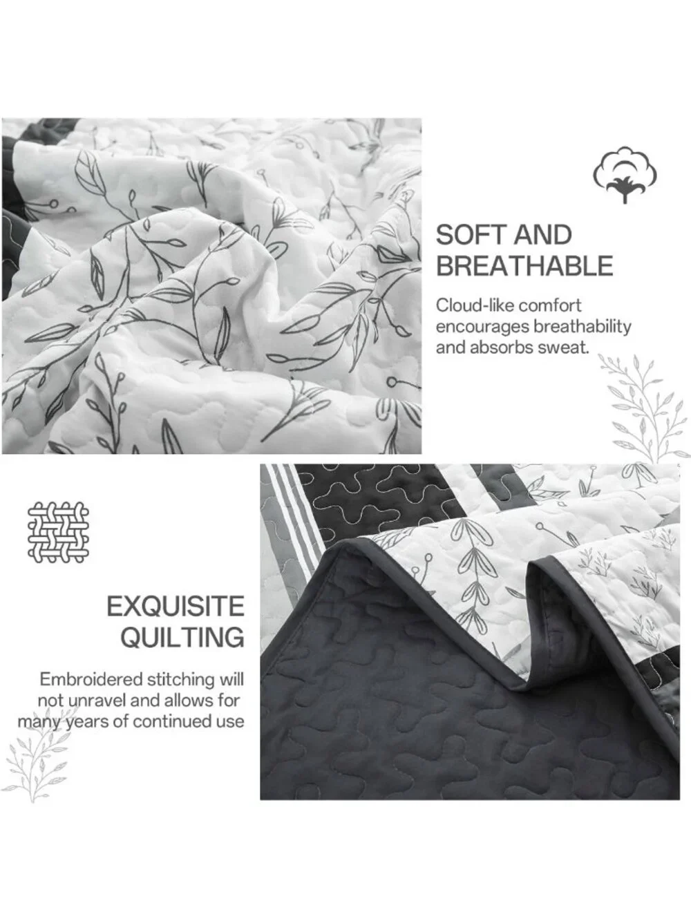 Boho Black Striped Queen Quilt Set, Lightweight Patchwork Bedspread & 2